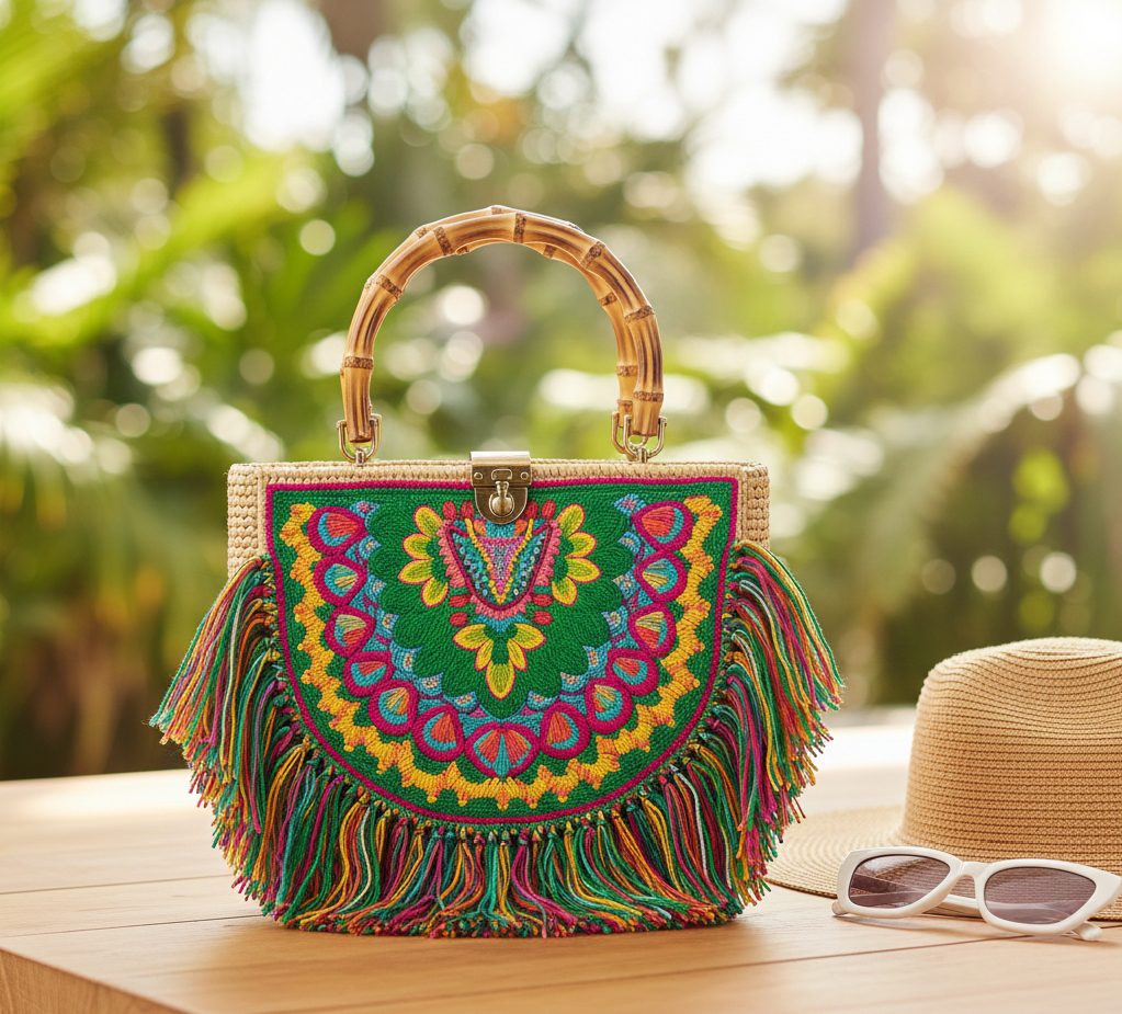 The Statement Bag: A vibrant, round floral-embroidered bag with fringe detailing and a summer hat.