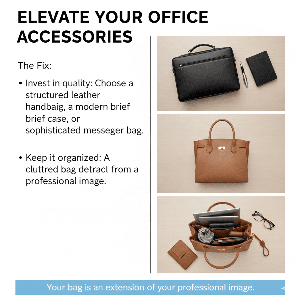A flat lay of sophisticated office accessories including a structured black leather briefcase, a premium pen, a leather-bound notebook, and classic eyeglasses.