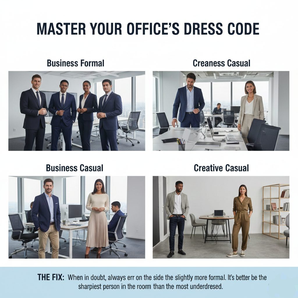 Two professionals in a modern office shaking hands, one wearing a formal black suit and the other in a sharp navy business suit, representing office dress code standards.