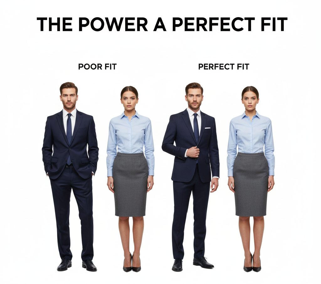 A side-by-side comparison of a man and woman wearing perfectly tailored professional clothing, emphasizing structured shoulders and clean lines in trousers.