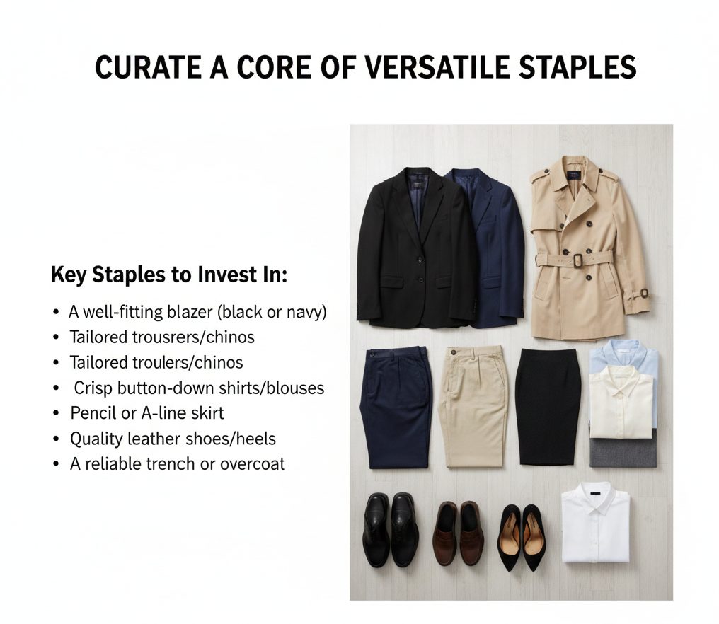 A collection of high-quality office wardrobe staples including a navy blazer, white button-down shirt, charcoal trousers, and leather dress shoes.