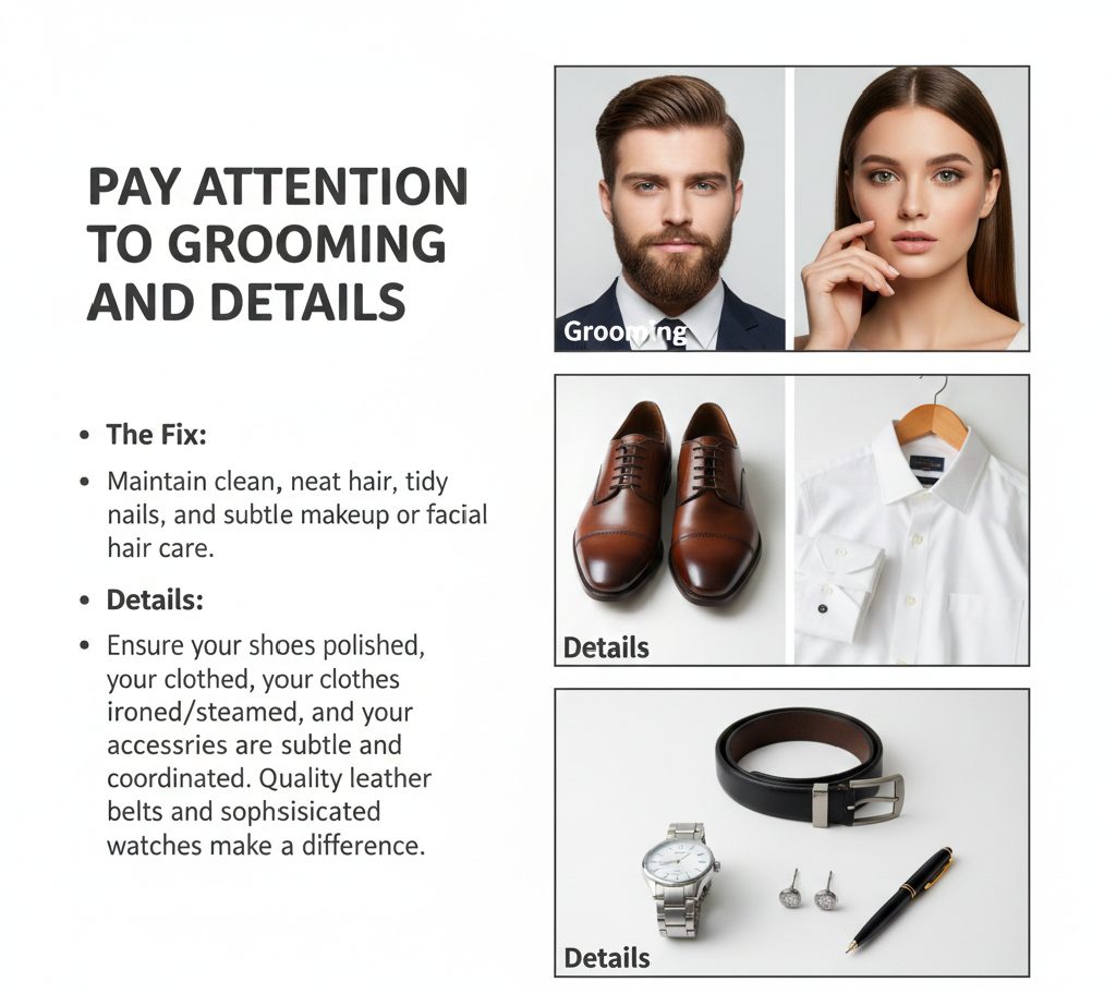 Close-up of a professional's well-groomed appearance, featuring a clean-shaven look, a luxury watch, and a perfectly ironed suit jacket.