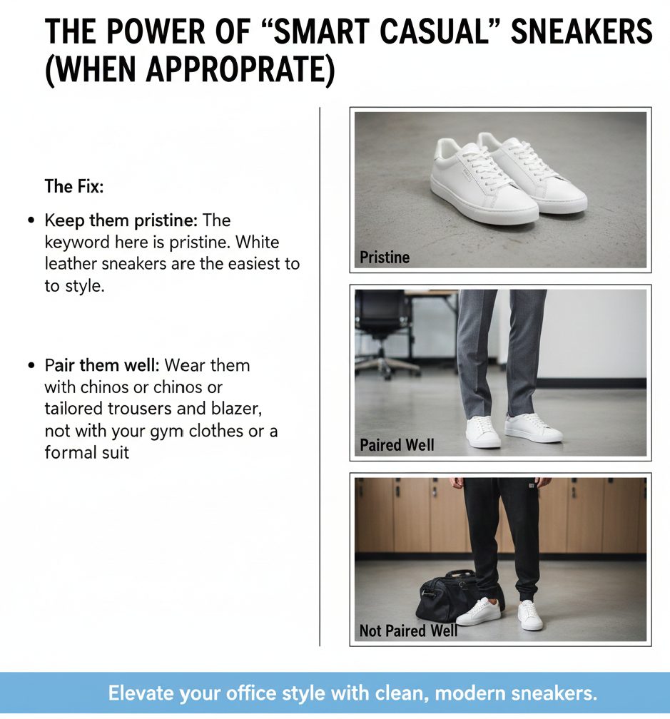 A professional wearing pristine white leather sneakers paired with tailored dark trousers and a blazer for a modern smart-casual office look.