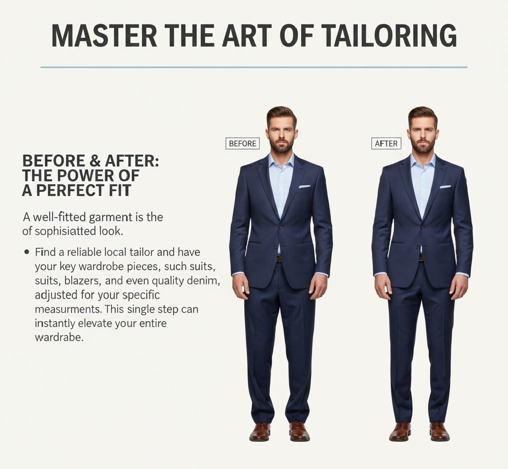 A professional tailor measuring a navy blue suit jacket on a man for a perfect custom fit.