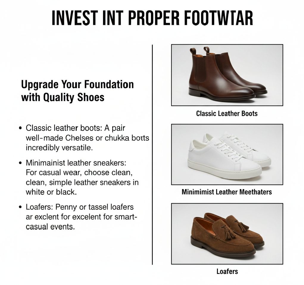 A collection of essential men's shoes including brown leather Chelsea boots and clean white minimalist sneakers.