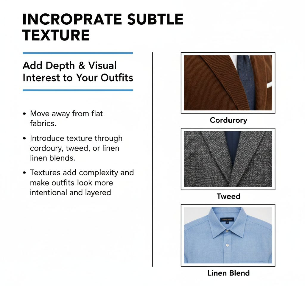 A close-up of a men's outfit featuring a mix of tweed blazer and corduroy trousers for visual depth.