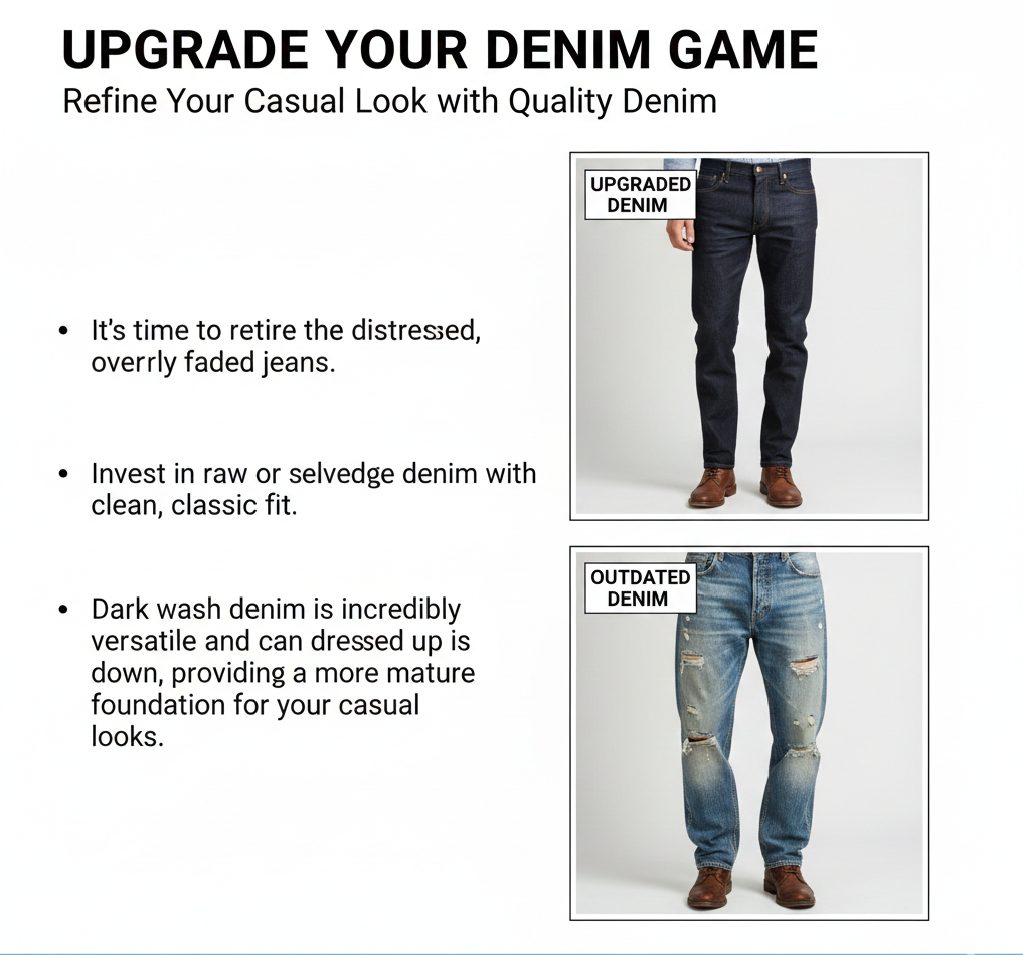 A man wearing high-quality dark wash selvedge denim jeans paired with leather boots.