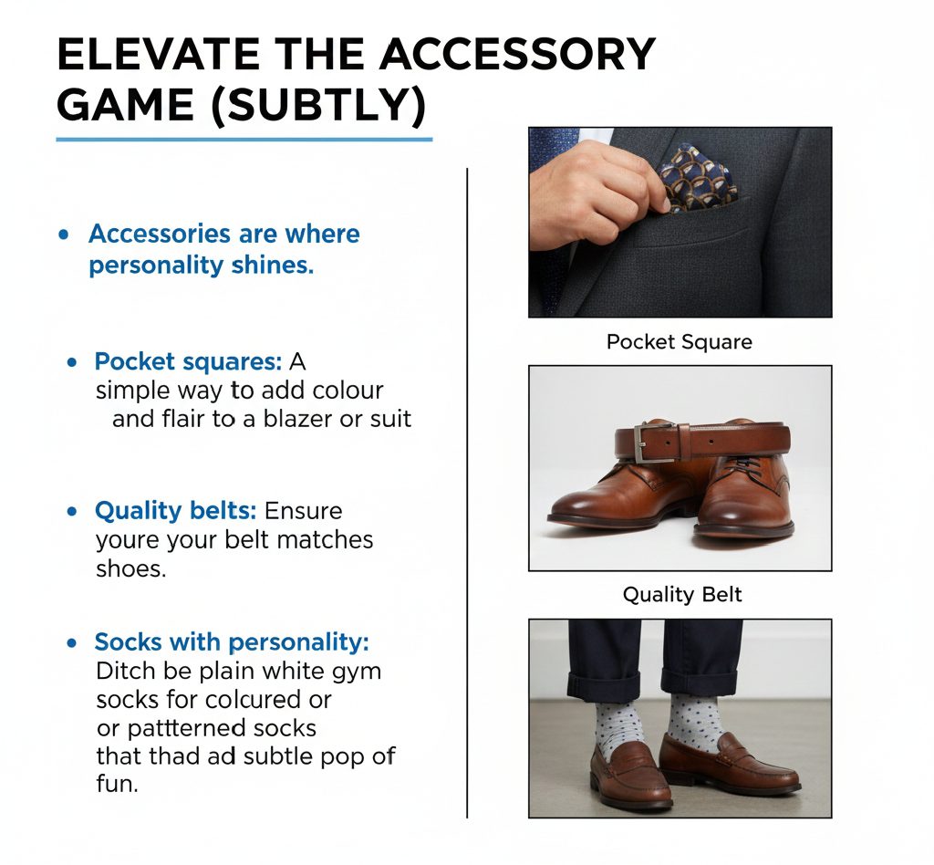 Detail shot of a silk patterned pocket square in a blazer pocket and a matching leather belt.