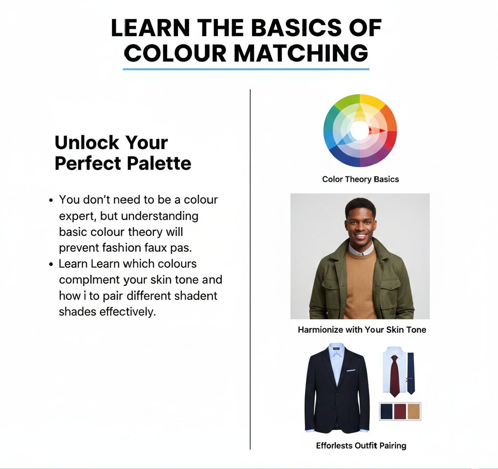 A demonstration of complementary colors in menswear, showing a blue shirt paired with tan trousers.