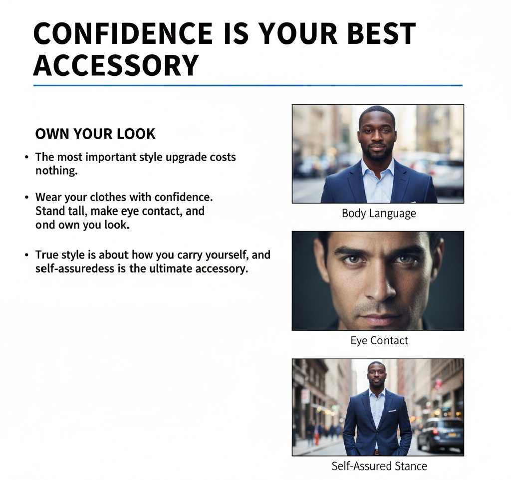 A man standing tall with a confident smile, wearing a sharp outfit that reflects self-assurance.