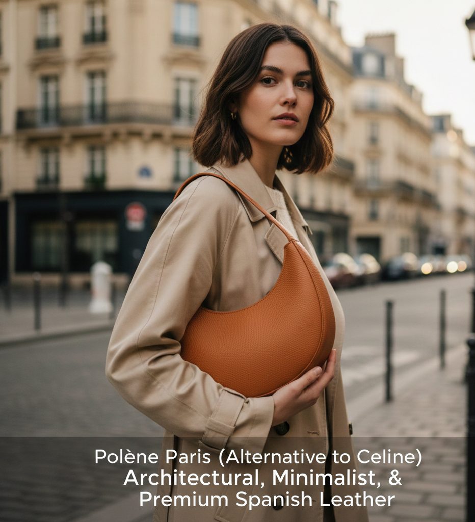 A minimalist and sculptural Polène Paris Numero Un bag in premium tan leather, a great affordable alternative to Celine.