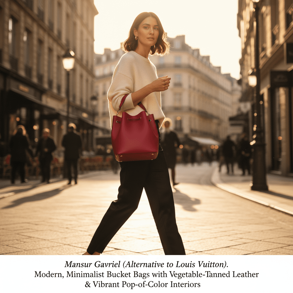 A minimalist Mansur Gavriel bucket bag with a pop-of-color interior, a modern alternative to Louis Vuitton Epi leather bags.