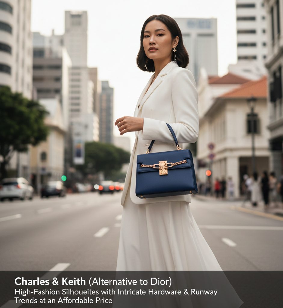 A sophisticated and feminine Charles & Keith handbag with intricate hardware, an affordable alternative to the Lady Dior bag.