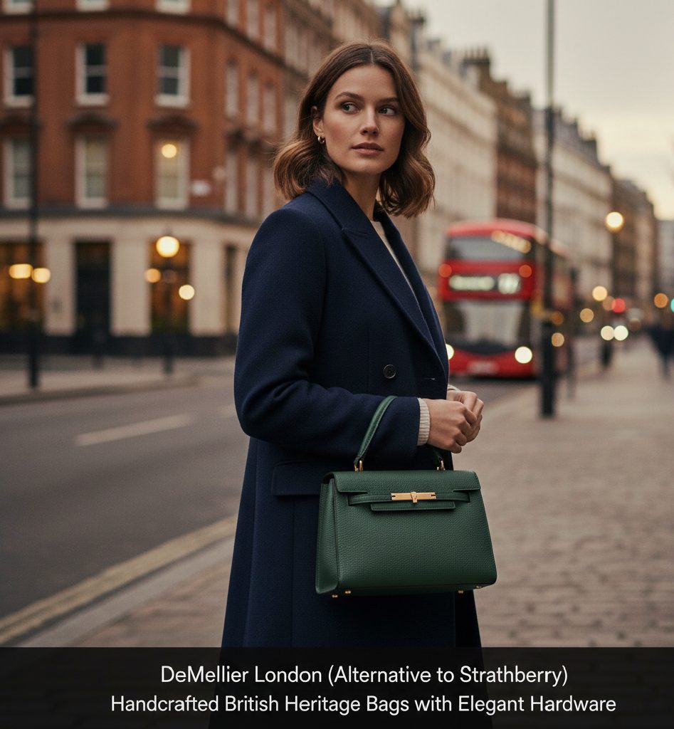 An elegant DeMellier London leather bag with signature gold hardware, a British heritage alternative to Strathberry and Mulberry.