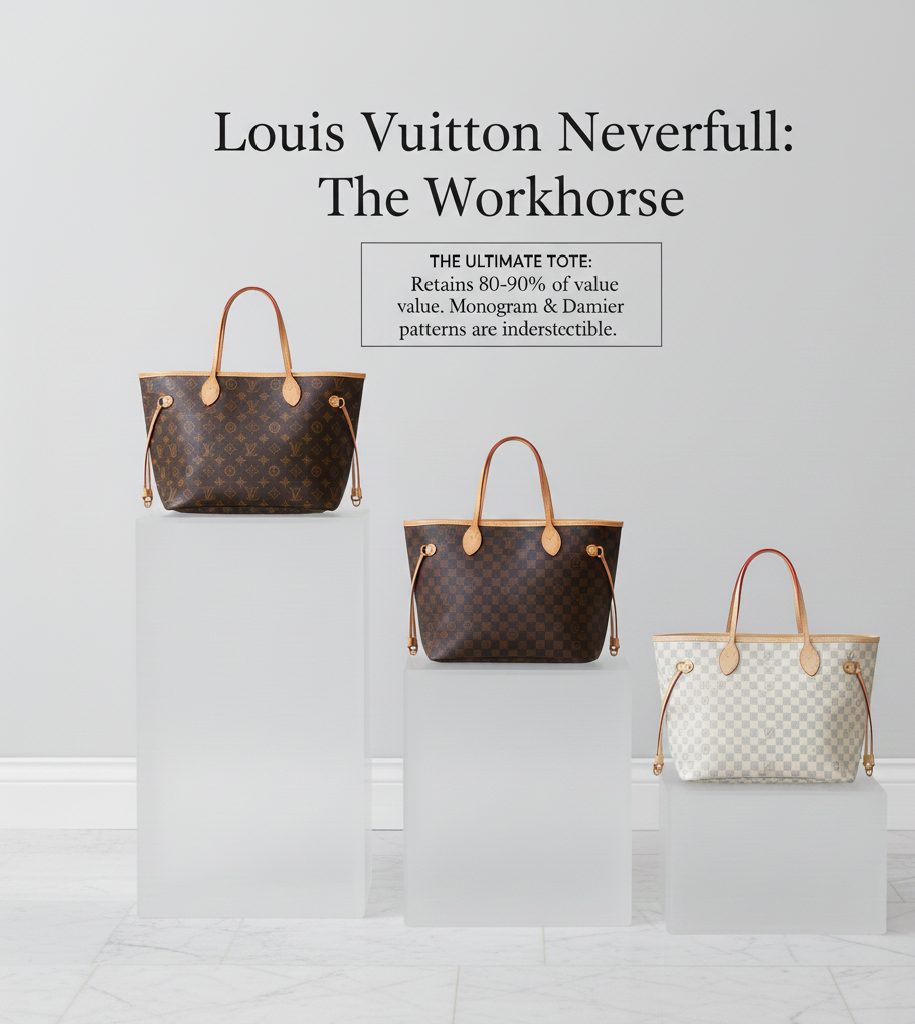 Louis Vuitton Neverfull tote bag in monogram canvas, known for high resale value retention.