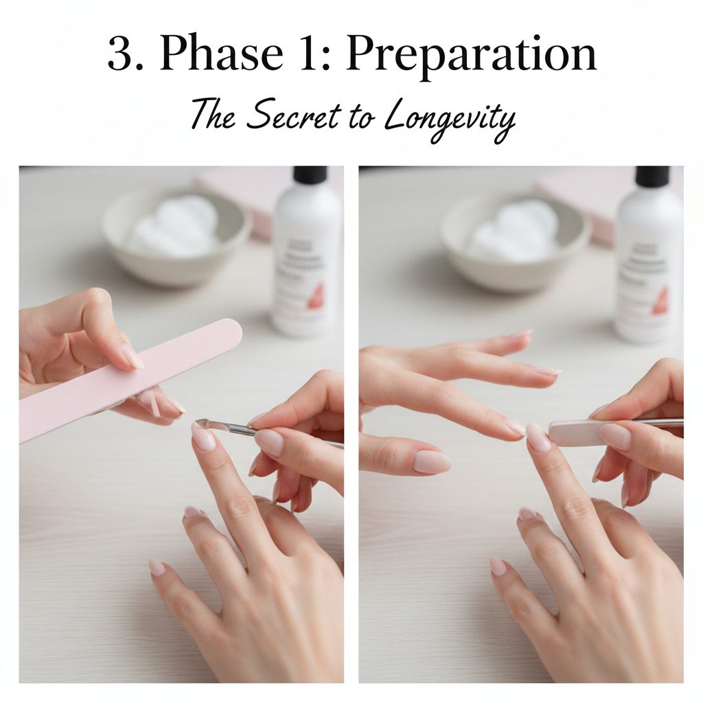 A person using a metal cuticle pusher and a buffer block to prep the nail surface for better gel adhesion.