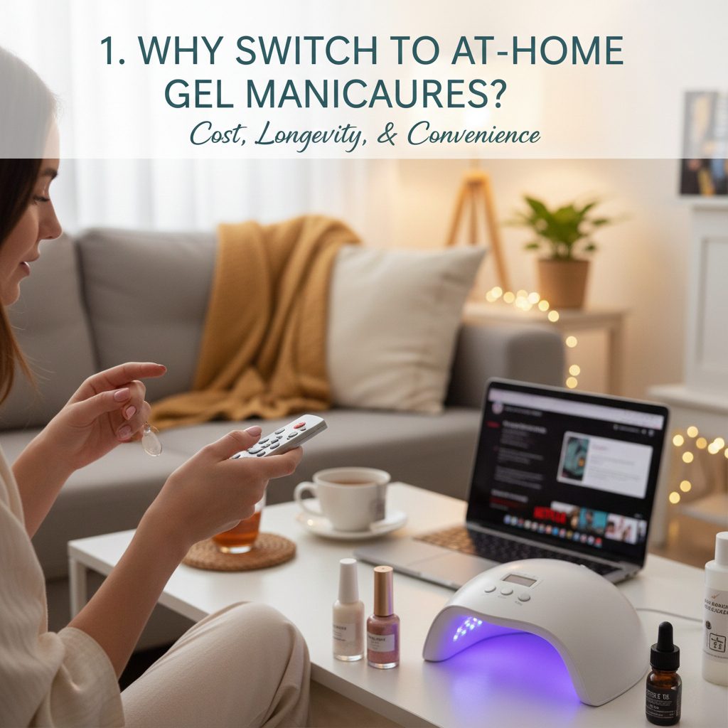 A close-up of a hand with a shiny, chip-free gel manicure showing salon-quality results.