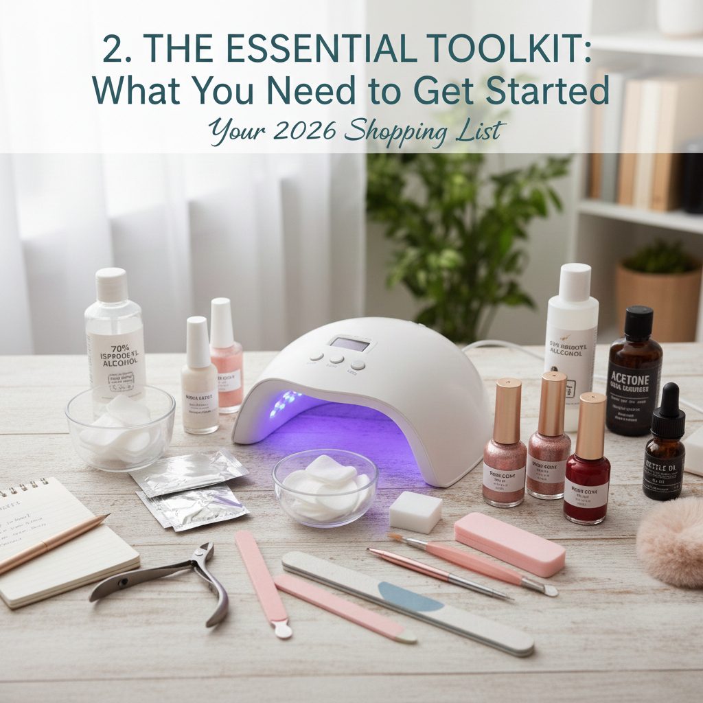 An organized display of essential gel tools including a 48W LED lamp, base coat, top coat, and nail prep files.