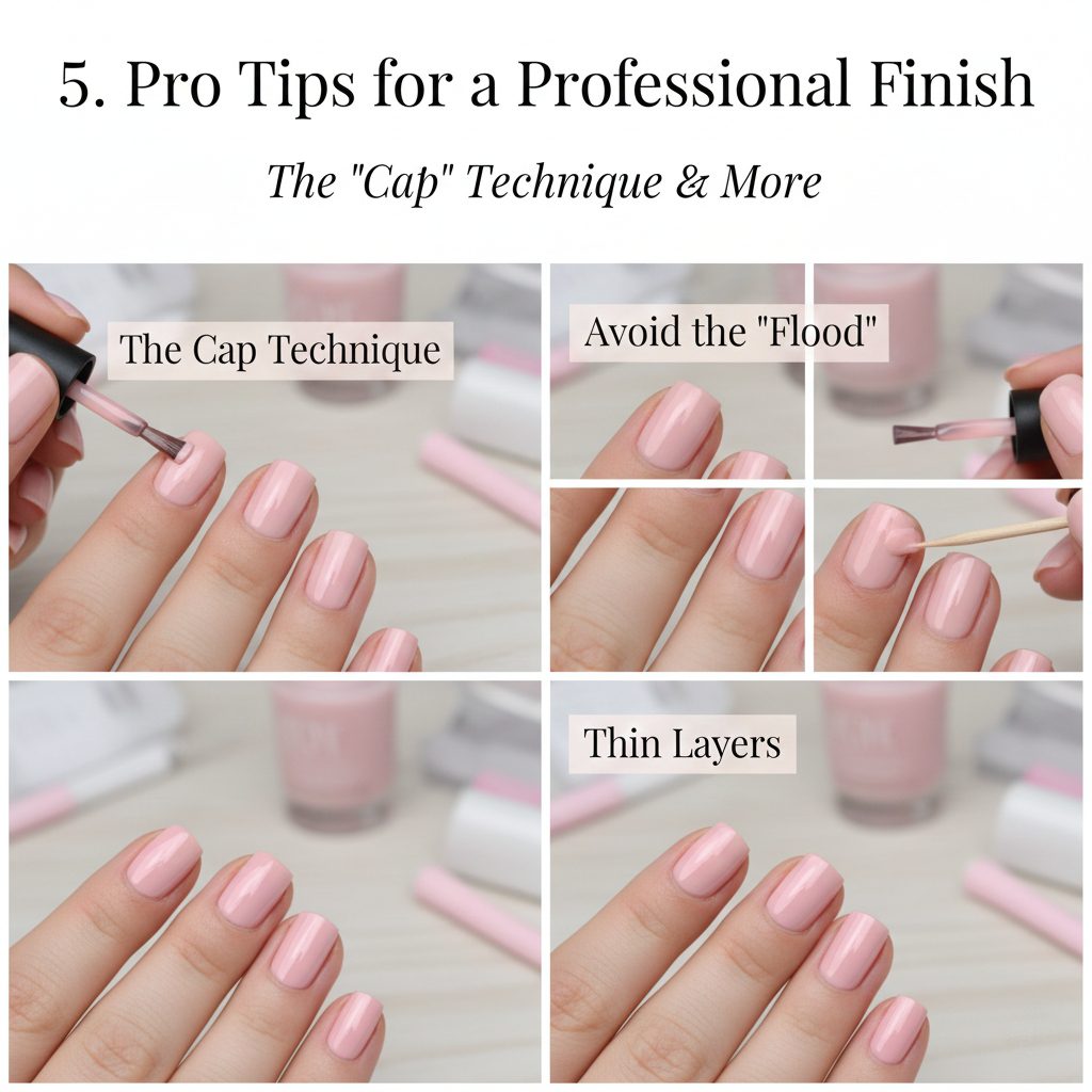 A demonstration of the "capping" technique where the brush seals the very tip of the nail to prevent peeling.