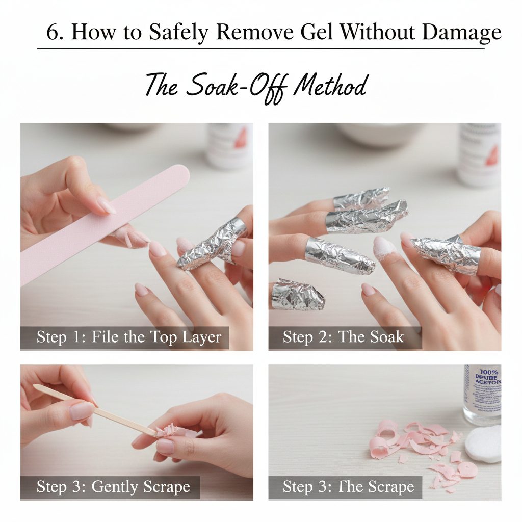 Fingers wrapped in aluminum foil and cotton pads soaked in acetone for safe gel polish removal.