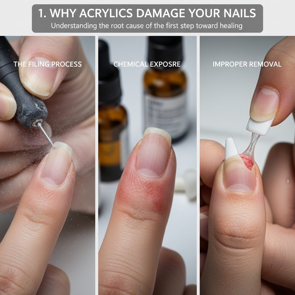 Close-up of thin, peeling natural nails showing damage from harsh filing and chemical exposure during acrylic application.