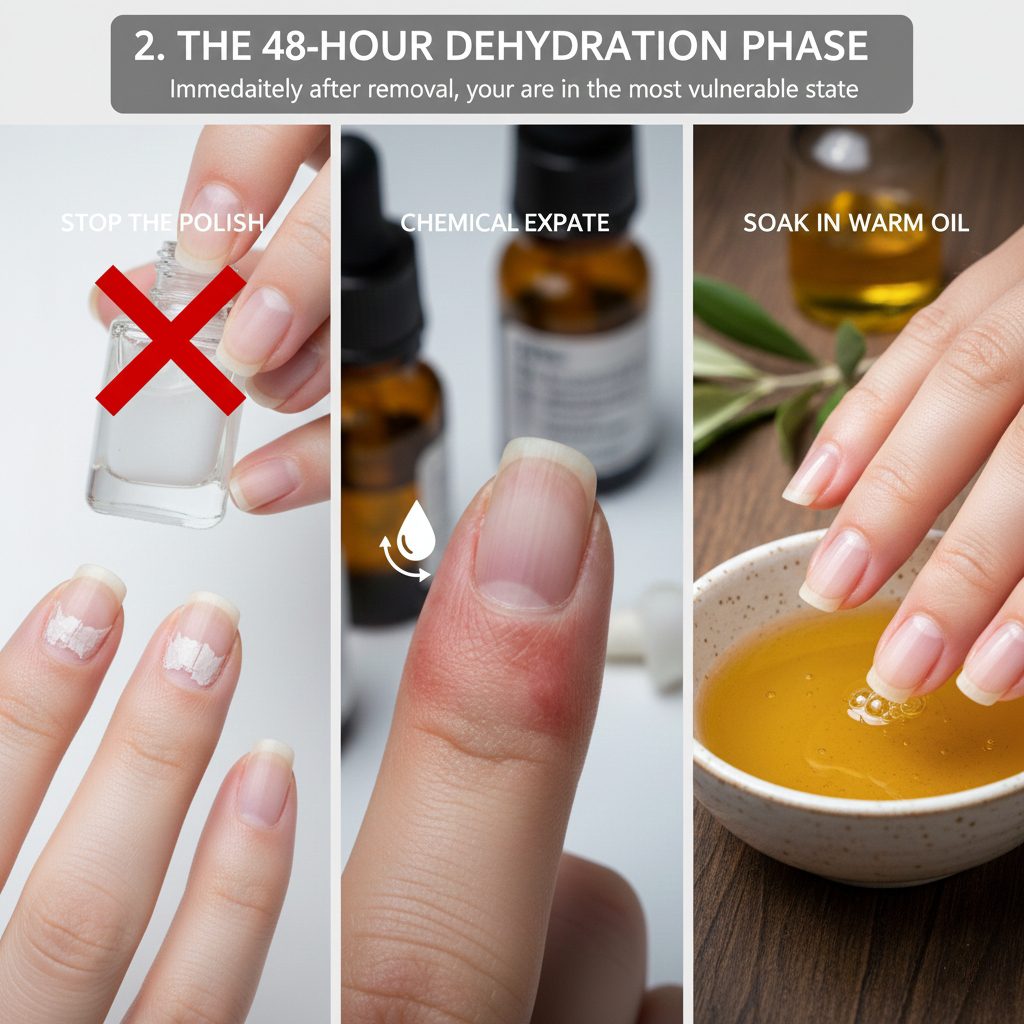 Hands soaking in a bowl of warm jojoba oil to rehydrate porous nail plates immediately after acrylic removal.