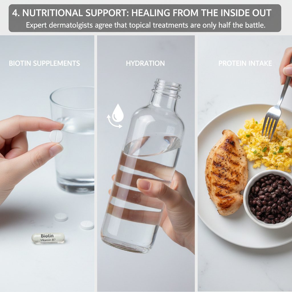 Biotin vitamin capsules and protein-rich foods like eggs and nuts to support keratin production for nail repair.