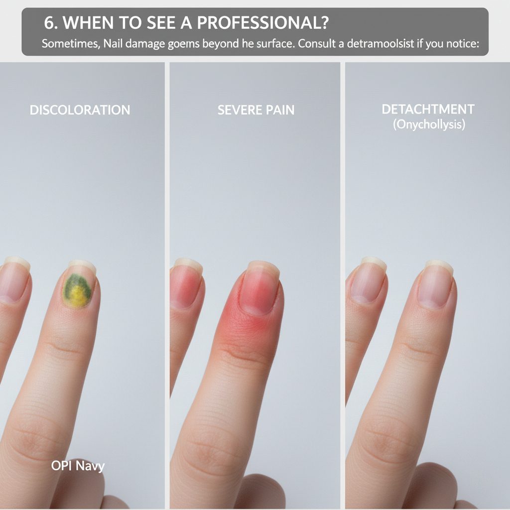 A medical professional examining nail discoloration and onycholysis (nail lifting) to diagnose a fungal infection.