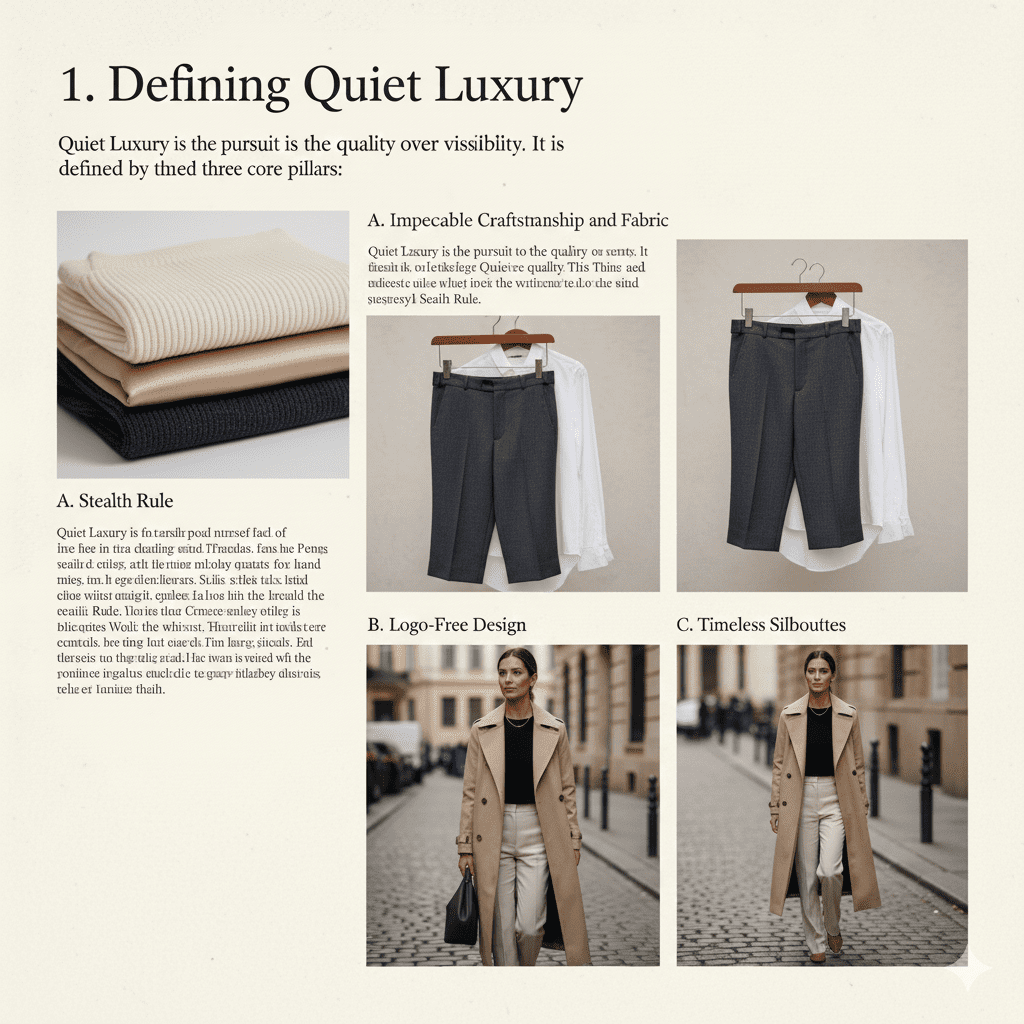 A sophisticated woman wearing a charcoal grey wool coat, beige cashmere turtleneck, and tailored trousers—representing 2025 quiet luxury and stealth wealth fashion trends.