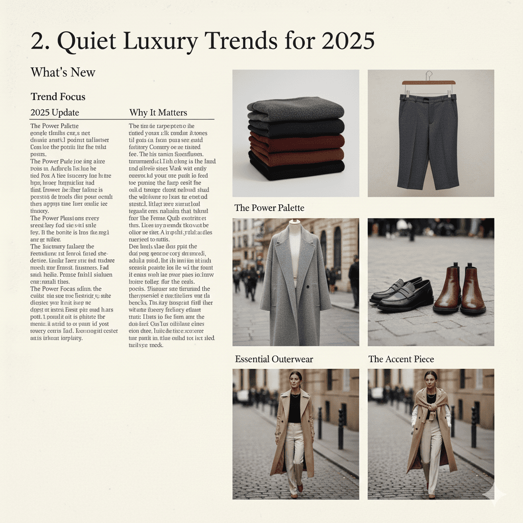 A sophisticated woman wearing a charcoal grey wool coat, beige cashmere turtleneck, and tailored trousers—representing 2025 quiet luxury and stealth wealth fashion trends.