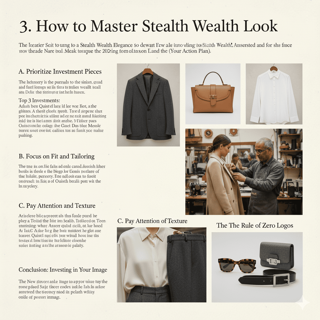 A sophisticated woman wearing a charcoal grey wool coat, beige cashmere turtleneck, and tailored trousers—representing 2025 quiet luxury and stealth wealth fashion trends.