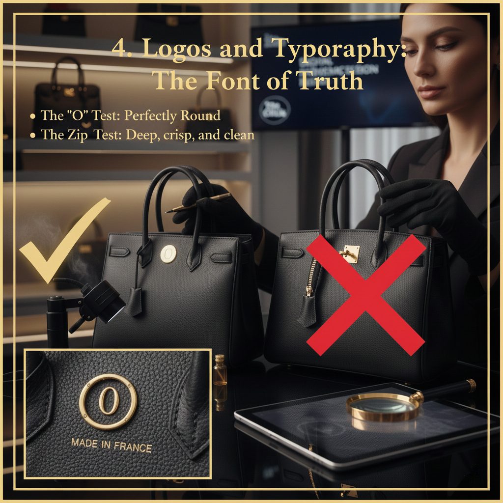 Perfect logo spacing and round typography on an authentic luxury handbag's heat stamp.