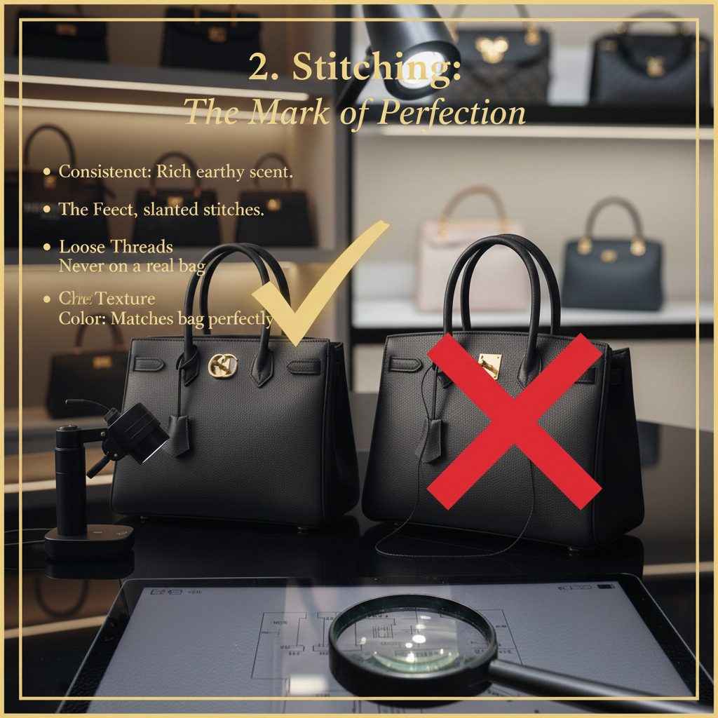 Spot Fake Luxury Bags Detailed view of slanted and consistent hand-stitching on a high-end luxury bag.
