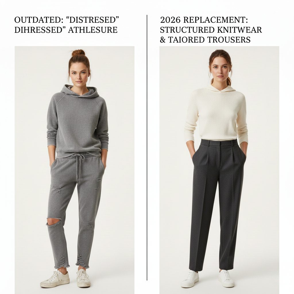 A polished loungewear set featuring a cashmere hoodie and tailored joggers in neutral tones.
Description: Transitioning from ripped, casual athleisure to sophisticated, high-quality knitwear sets.