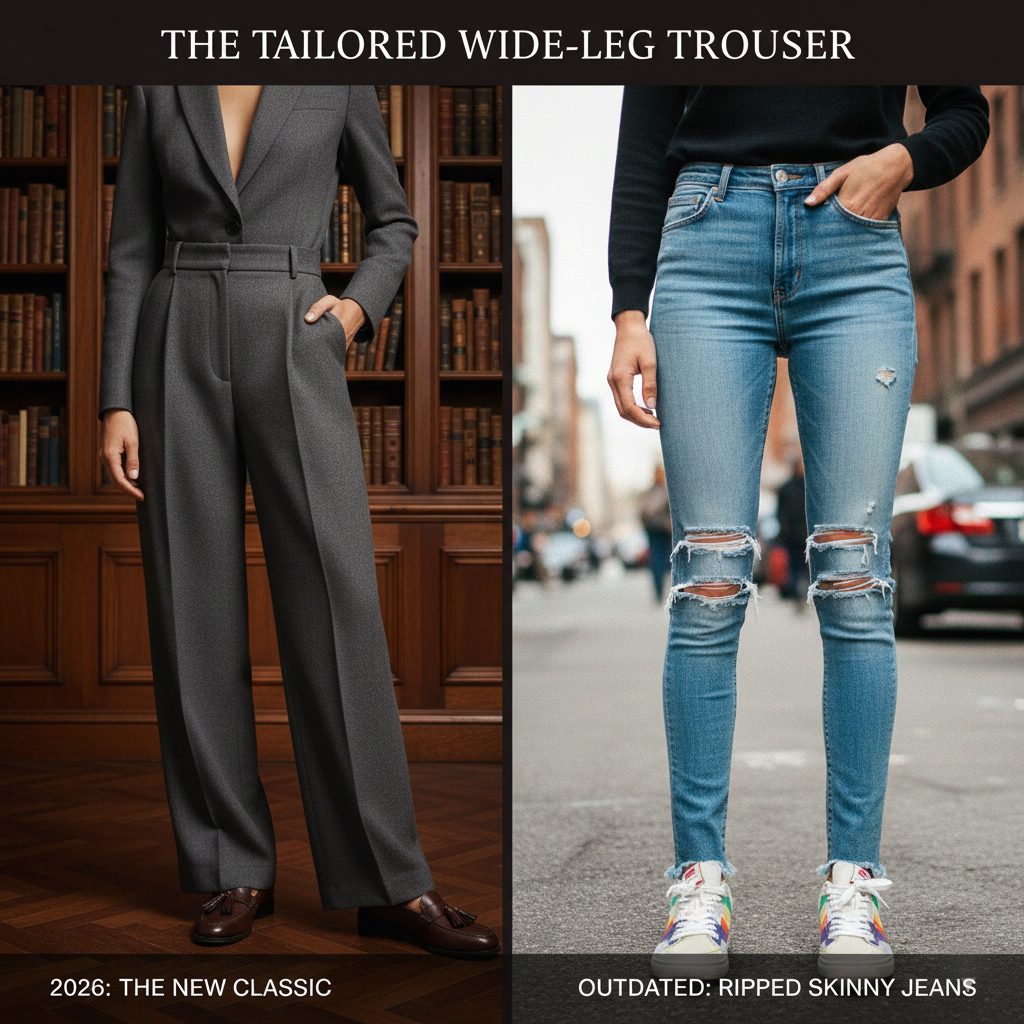 Sophisticated beige wide-leg trousers with a sharp crease, representing modern old money tailoring and elegant silhouette.