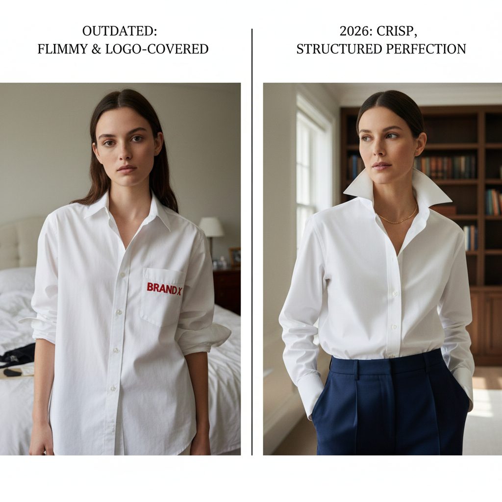 A perfectly ironed, high-quality white cotton poplin shirt with a structured collar, symbolizing billionaire wardrobe basics.