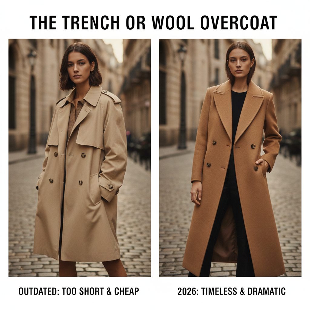 A long, structured camel wool overcoat styled elegantly for a wealthy, sophisticated winter look.
