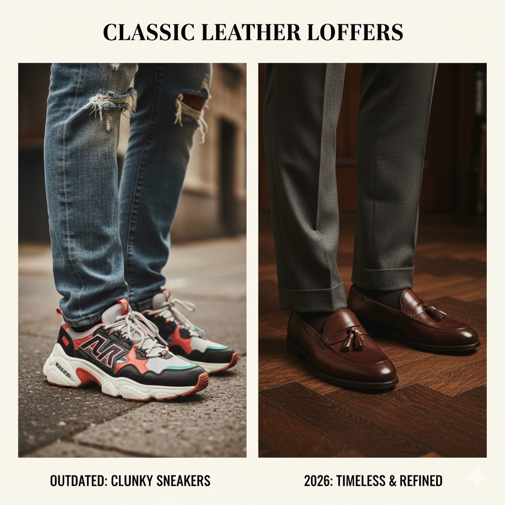 Close-up of impeccably polished dark brown leather penny loafers, showing fine craftsmanship and traditional style.