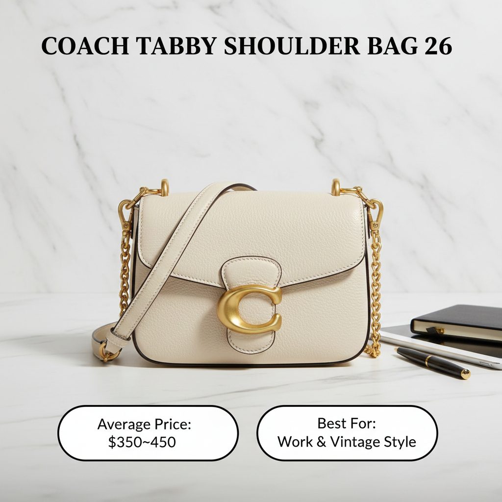 A structured Coach Tabby Shoulder Bag 26 in premium black leather with iconic gold C hardware, styled for a professional office look.