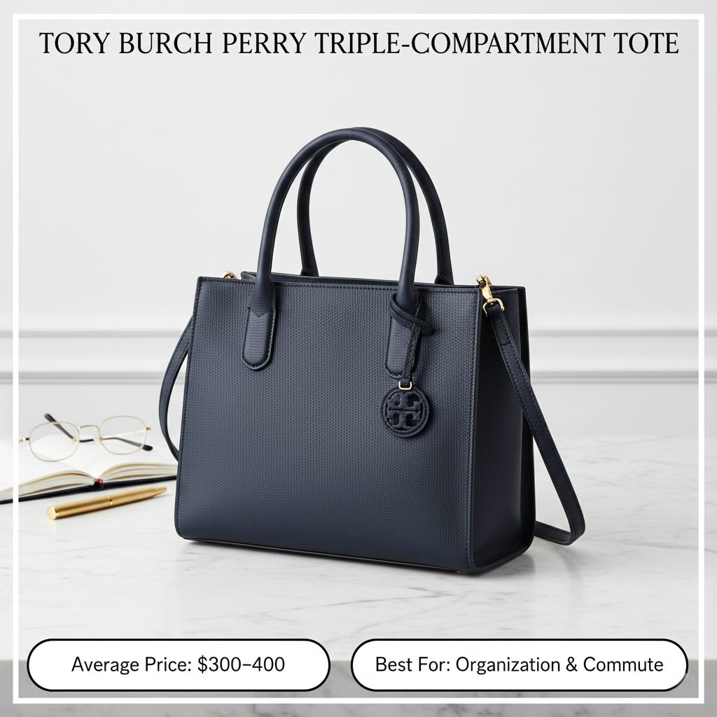 A tan Tory Burch Perry Tote featuring a triple-compartment interior for organization, ideal for work and travel.