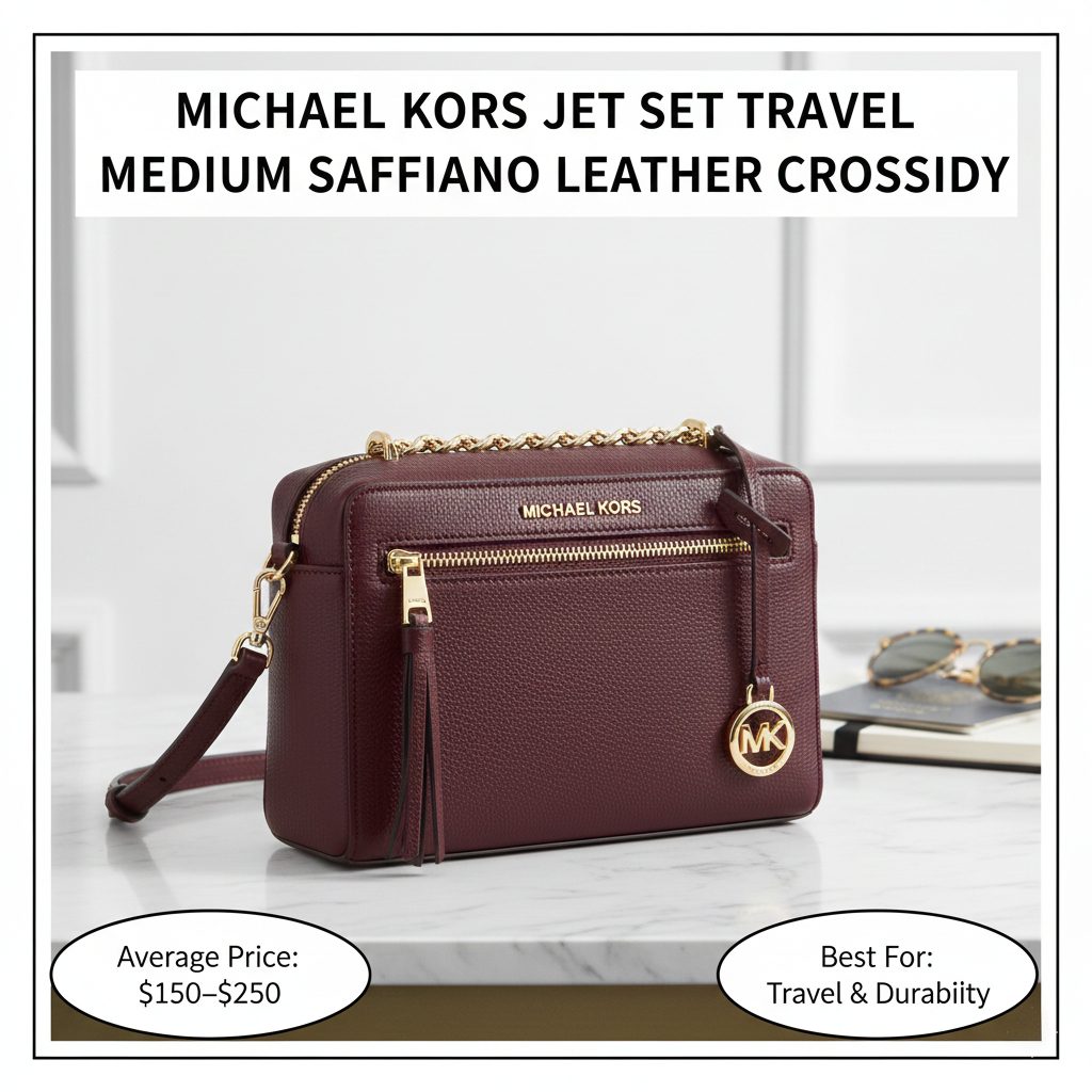 A durable Michael Kors Jet Set Travel crossbody bag in vanilla Saffiano leather, featuring gold-tone hardware and a slim profile.