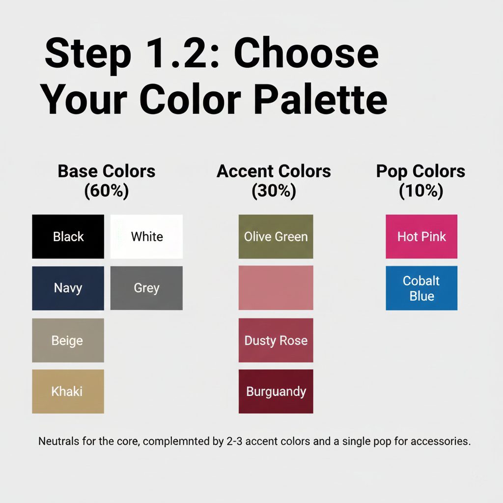 A color palette mood board for a 2025 capsule wardrobe featuring base neutrals, soft accent colors, and a bold pop of color.