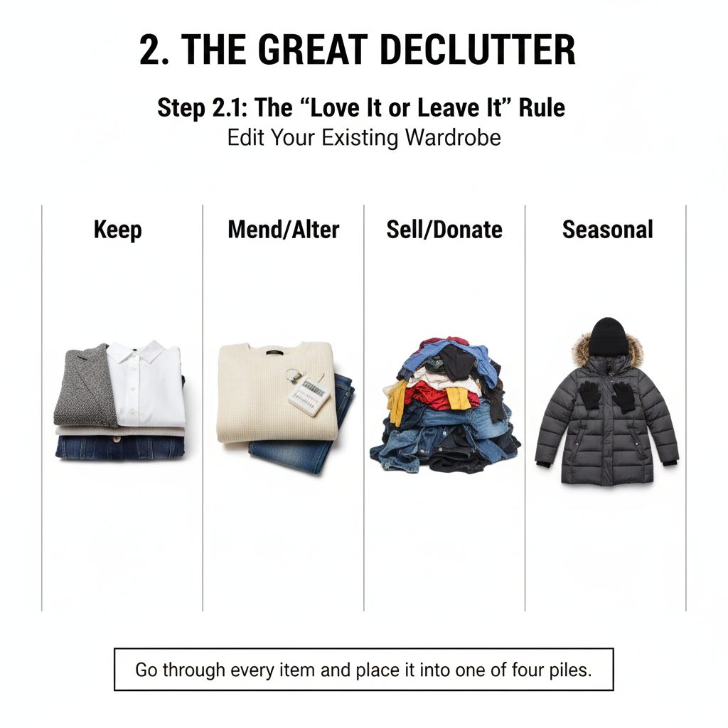 An organized bedroom scene showing the process of sorting clothes into Keep, Mend, Donate, and Seasonal piles for a wardrobe edit.