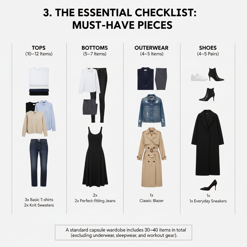 A flat-lay of essential capsule wardrobe items including a white t-shirt, tailored blazer, classic denim, and neutral sneakers.