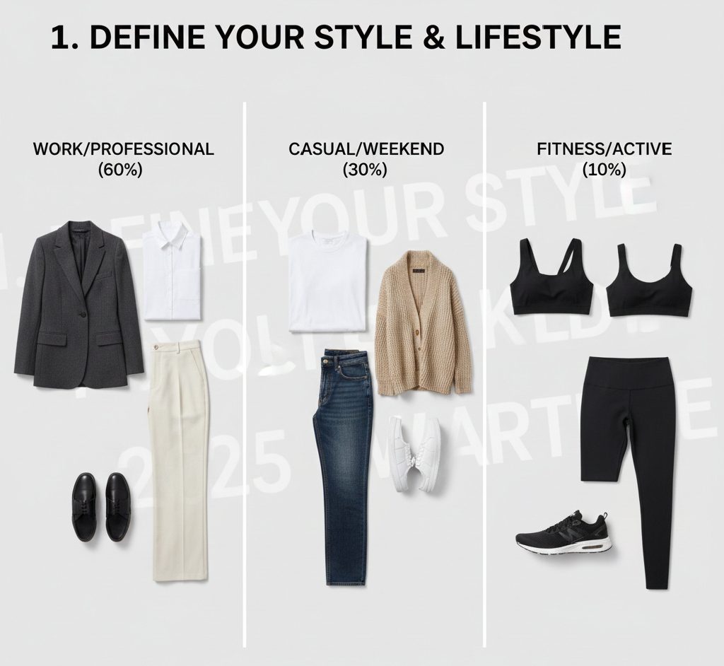 A visual guide showing how to categorize a wardrobe based on lifestyle needs like professional workwear, casual weekend outfits, and activewear.