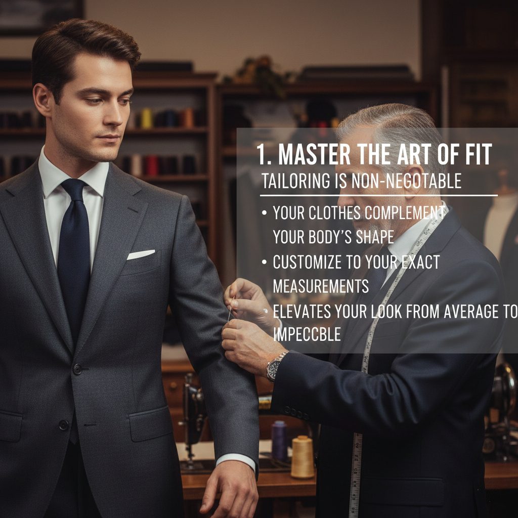 Professional tailor meticulously adjusting a man's suit sleeve, demonstrating the perfect fit in modern menswear.
Description: A close-up shot of a tailor in action, measuring or pinning a suit on a man. The image emphasizes precision and the significant impact of a perfect fit on overall appearance, a crucial aspect of men's style in 2026.