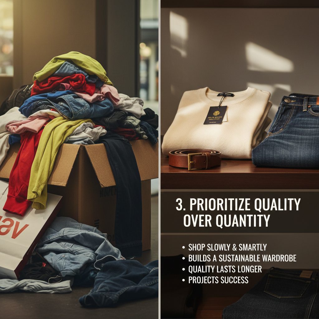 High-quality men's essentials like a cashmere sweater, selvedge denim, and a leather belt, emphasizing durable fashion.
Description: A tastefully arranged flat lay or a close-up of premium fabric textures (e.g., fine wool, crisp cotton, genuine leather). The image visually communicates the value of investing in durable, well-made pieces over cheap, disposable fashion, a key aspect of sustainable men's fashion.