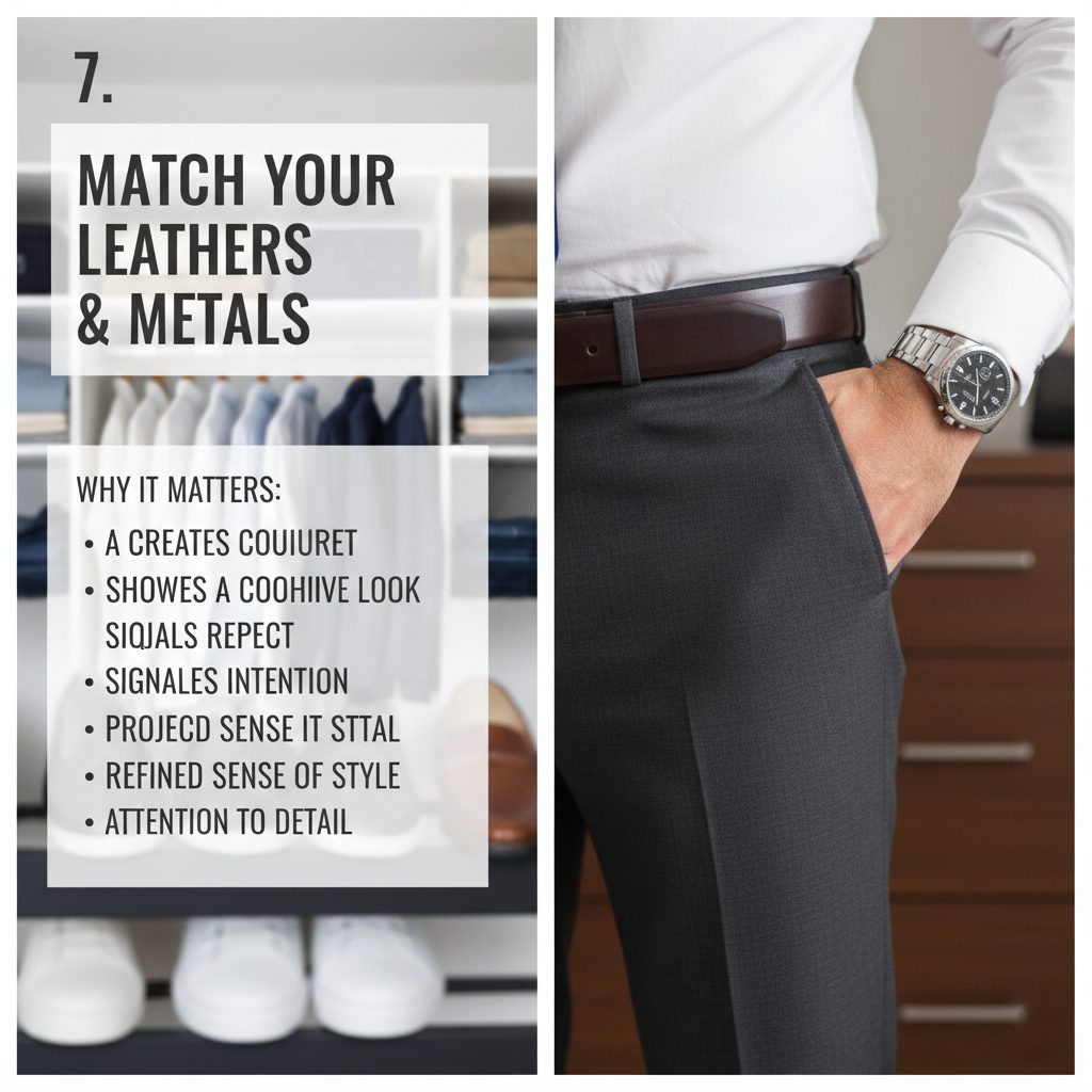 Close-up of a man's wrist with a silver watch, alongside a brown leather belt and matching brown dress shoes, showcasing coordinated accessories.