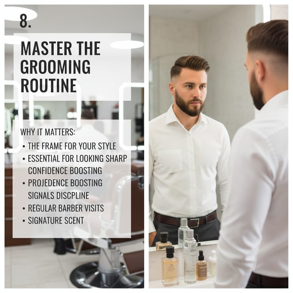 A man with a fresh haircut and well-groomed beard, looking in a mirror with various premium grooming products.