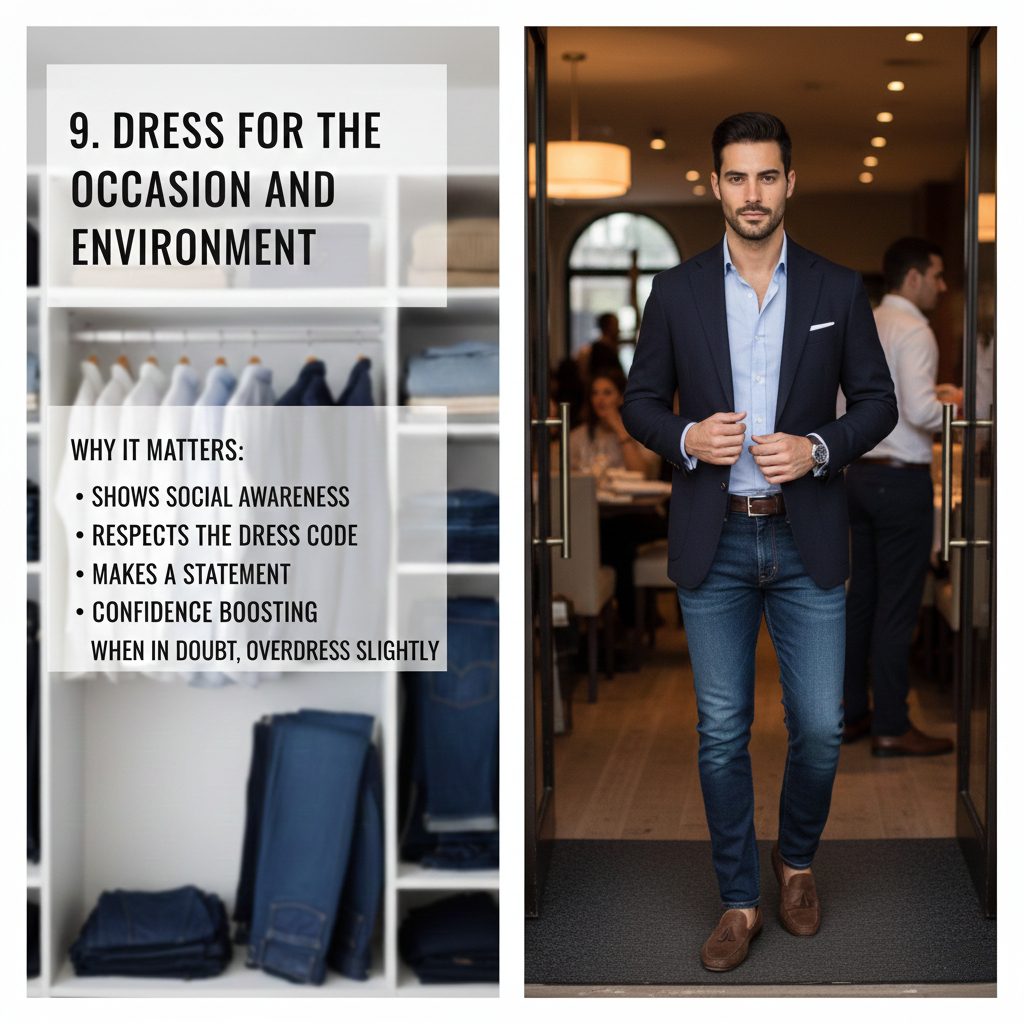 Stylish man confidently walking into a restaurant, dressed appropriately in smart casual attire for an evening out.